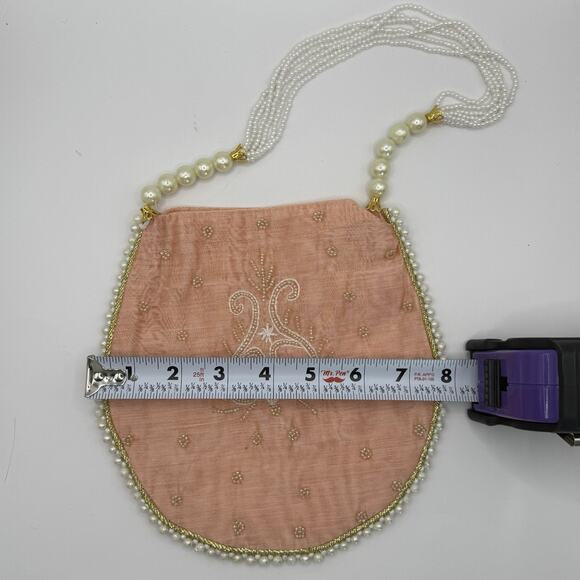 Embellished Peach Tone Indian Potli Bag, Intricate Beading, Faux Pearls - Picture 4 of 8
